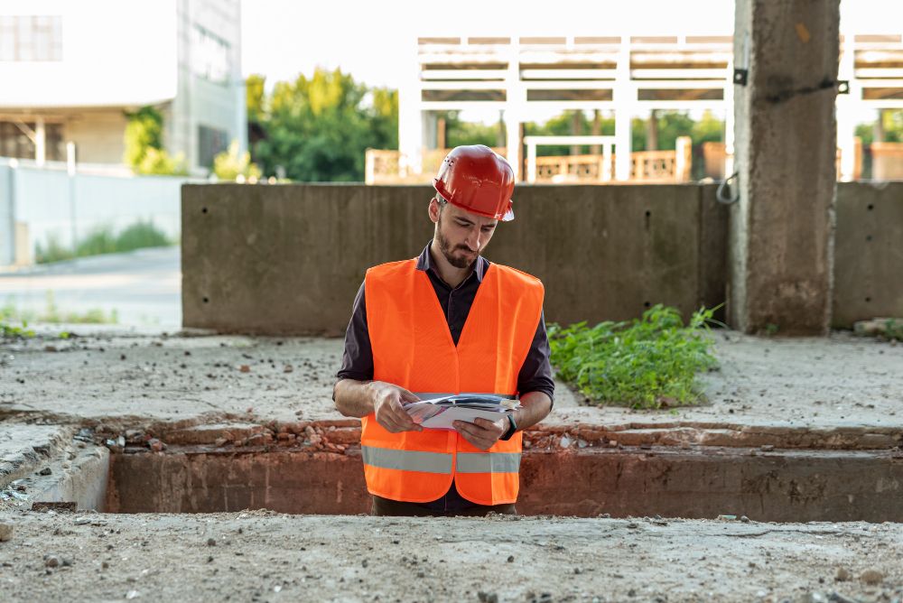 Builder reviewing construction plans on site