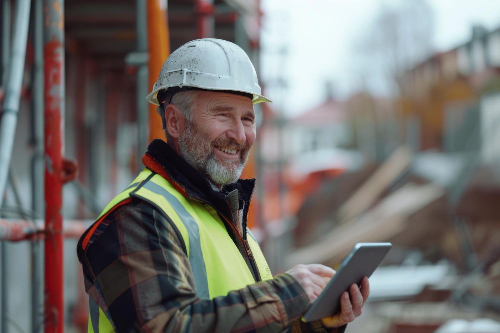 Construction technician reviewing project plans on a tablet