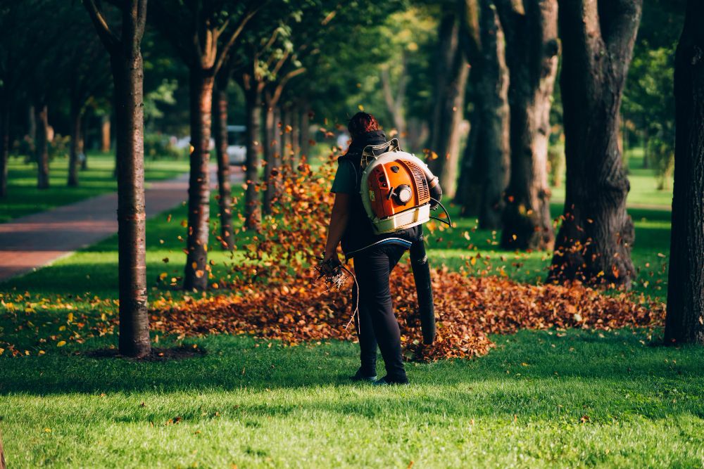 Landscaper using a leaf blower during property maintenance