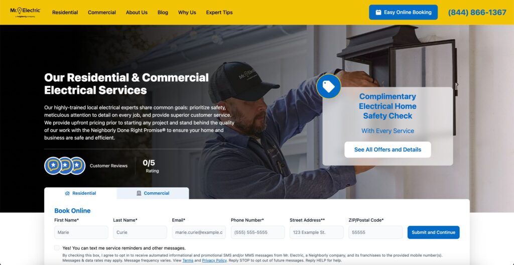 Mr. Electric website homepage showcasing navigation and online booking