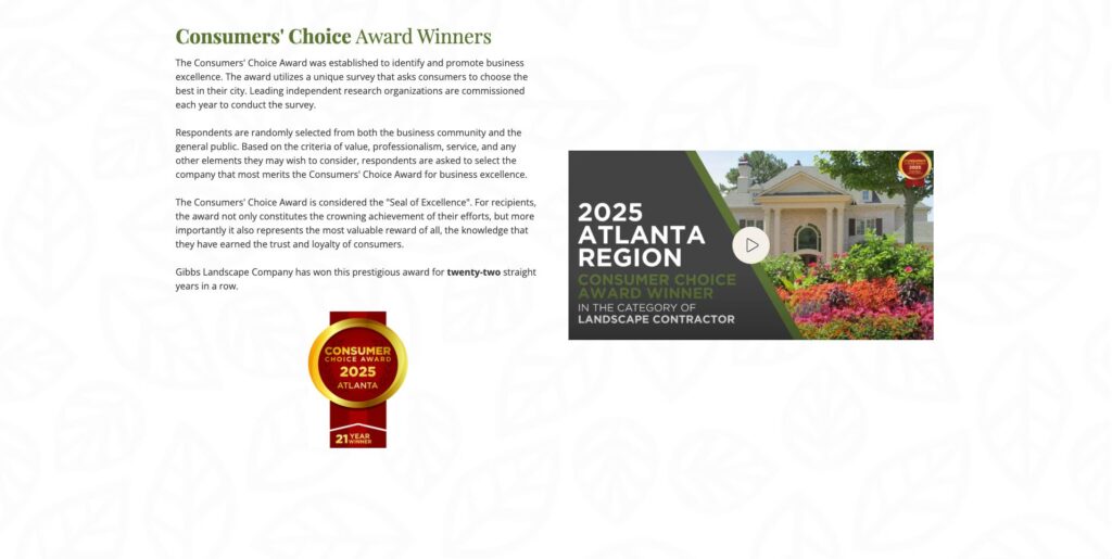 awards on landscaping website shows credibility