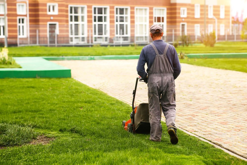 Lawn care contractor mowing grass with a lawn mower