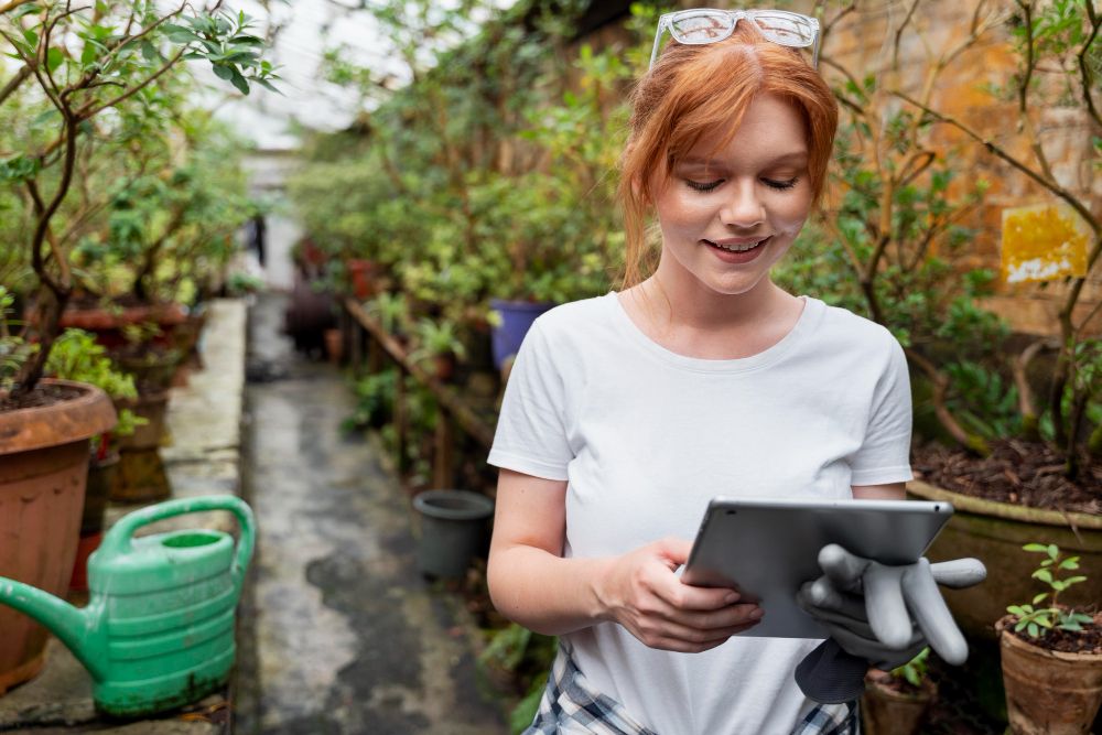 Lawn care professional using a tablet while working outdoors