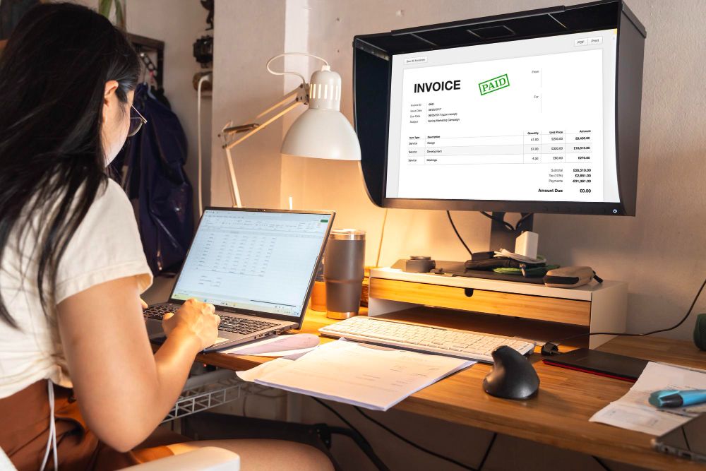 Accountant using digital invoicing software on a computer