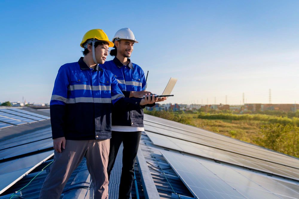 Contractor using a tablet during a rooftop inspection