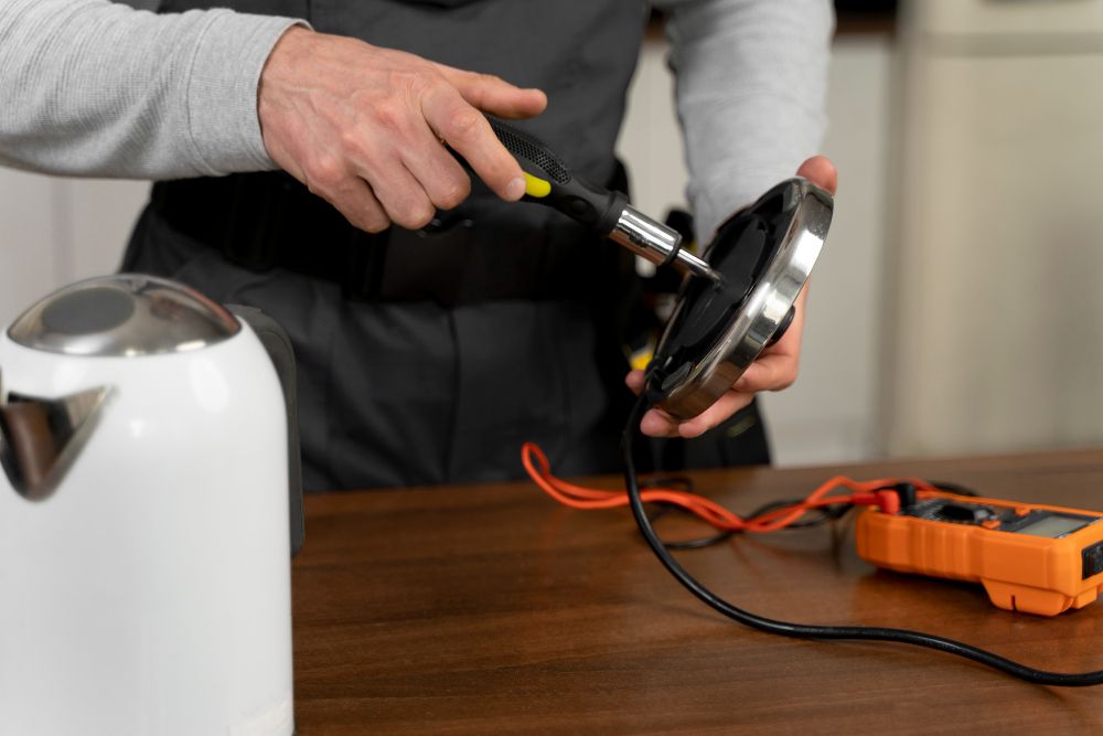 Appliance repair technician testing electrical components