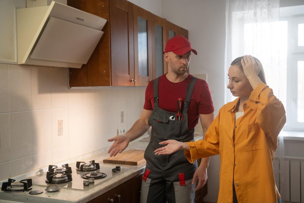 Appliance technician explaining a stove installation to a homeowner