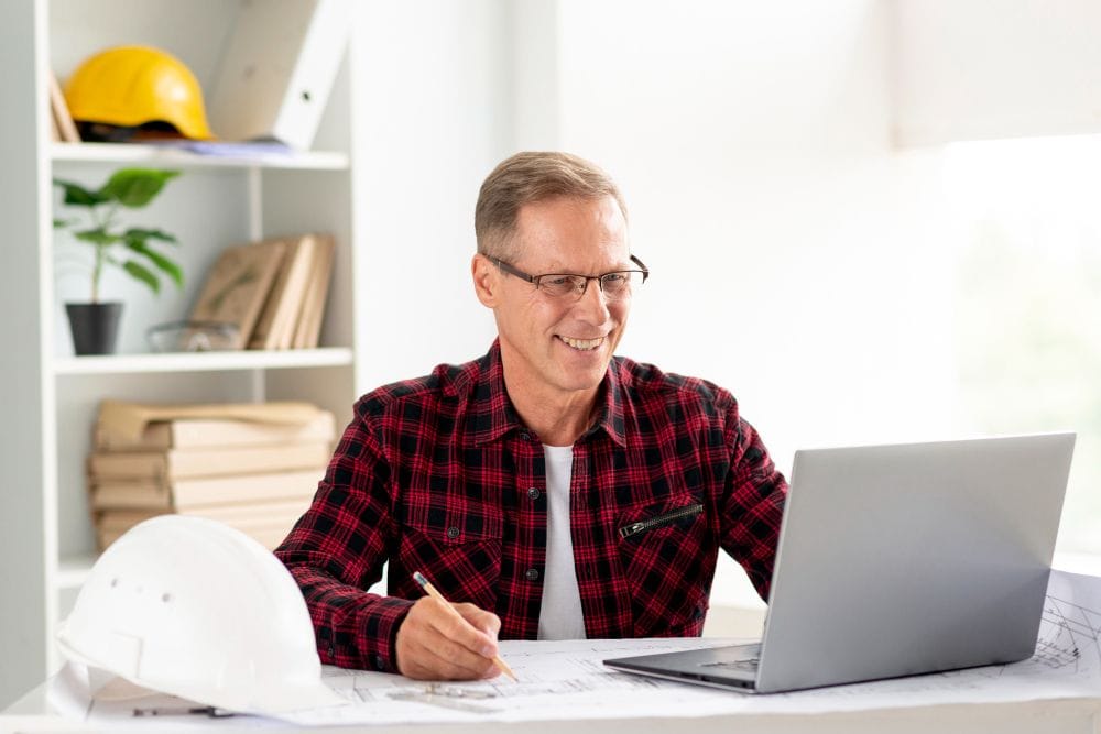 Contractor using a laptop to manage invoices and project records