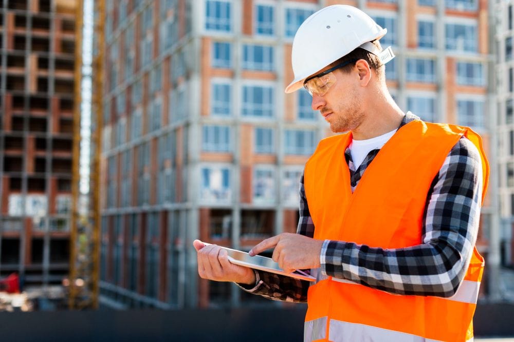 Construction professional using a tablet to manage project work