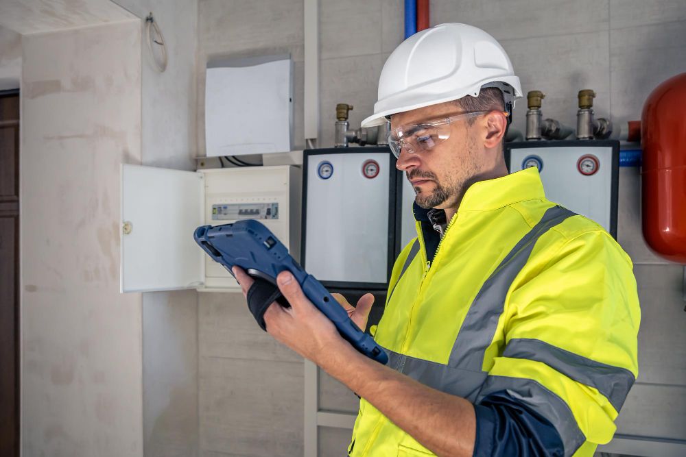 Electrician working with a tablet near an electrical switchboard