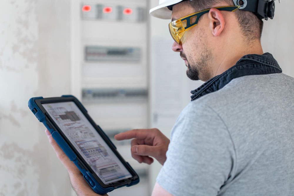Electrician using a tablet while working on an electrical switchboard