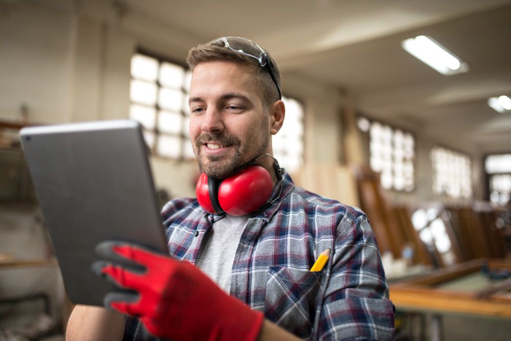 Handyman using a tablet while working in a workshop