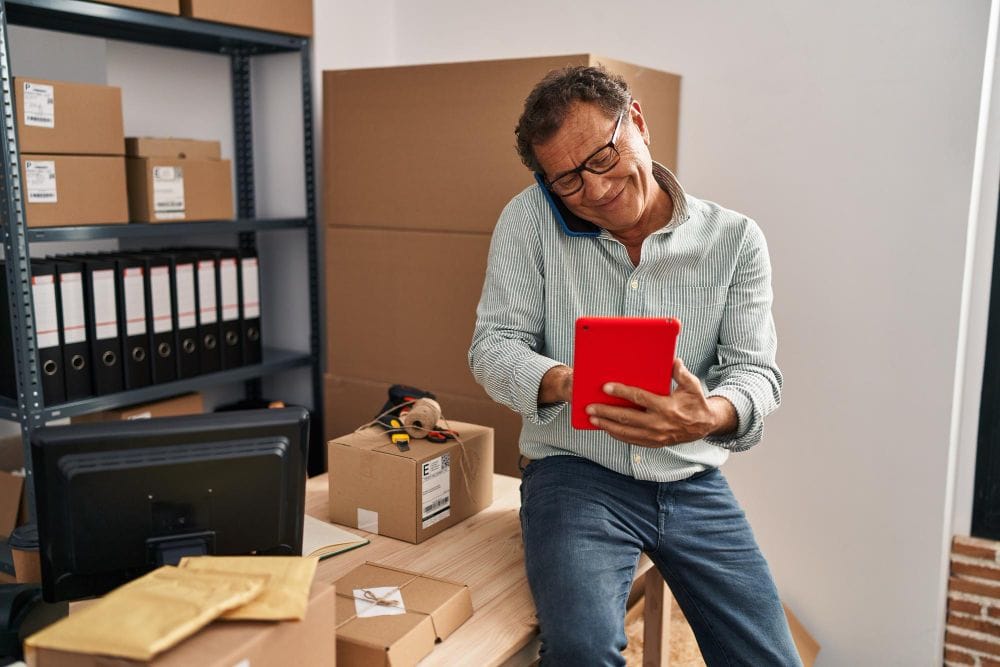 Business owner using a tablet and phone while managing operations