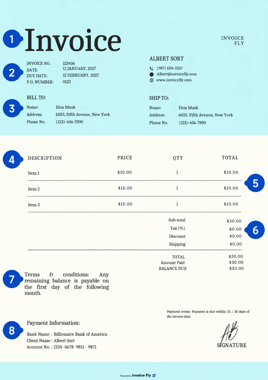 Invoice template example with each key section labeled