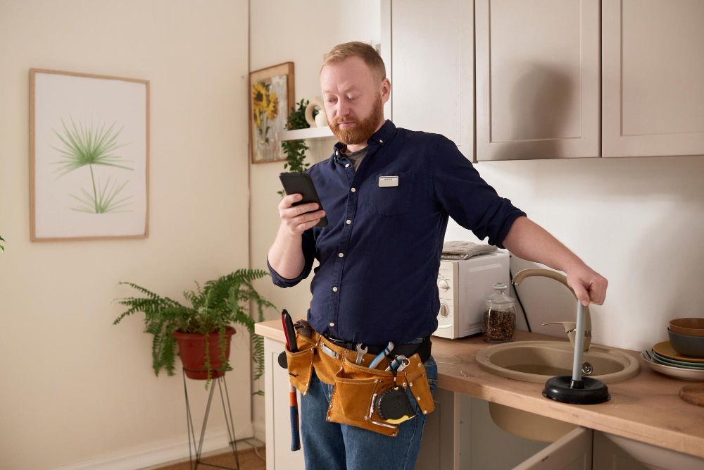 Repair technician using a mobile phone during a service job