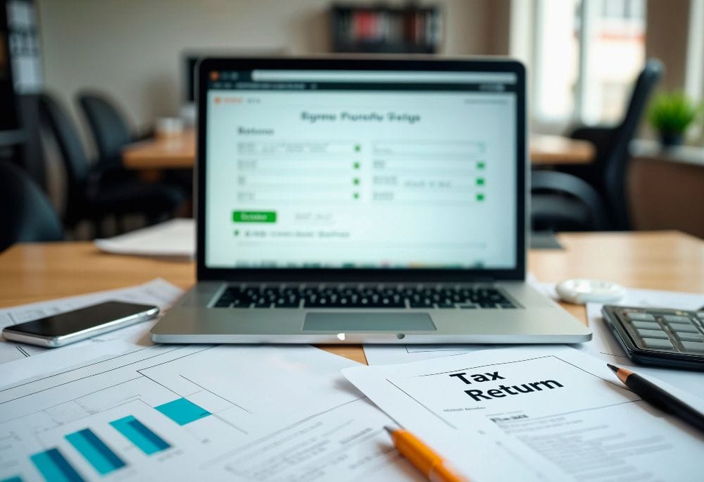 tax return papers beside a laptop workspace