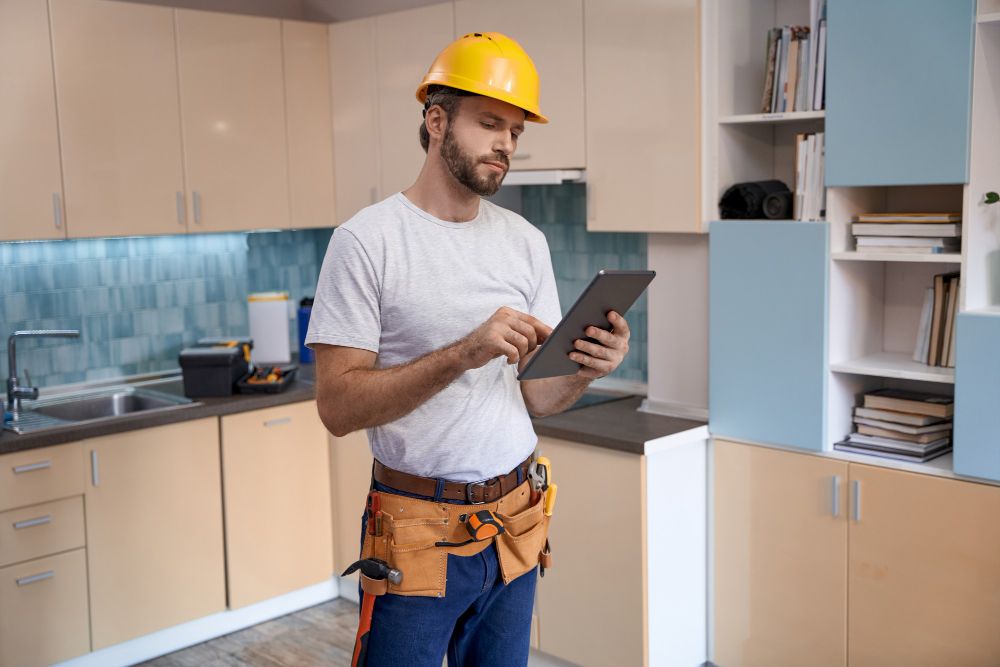 Tradesperson using a tablet while working in a kitchen