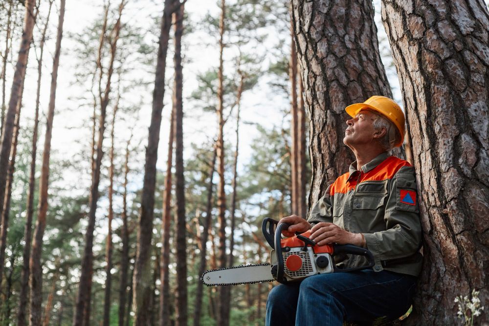 Tree worker resting outdoors after cutting trees