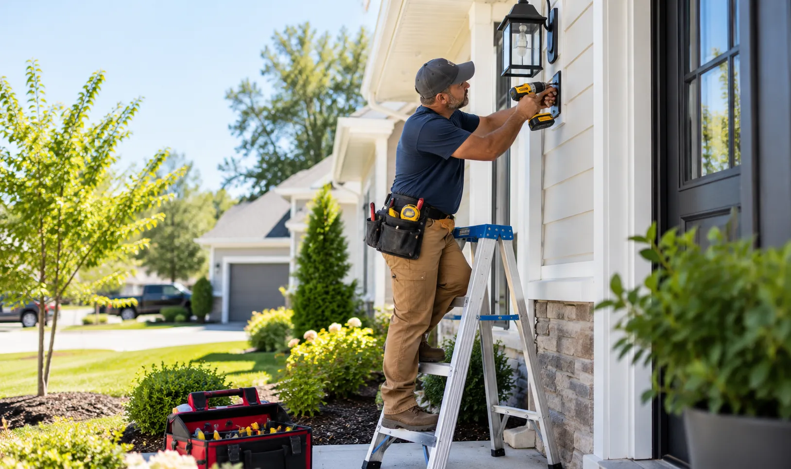 Handyman on a ladder installing an outdoor wall light on a home, with a tool bag on the porch