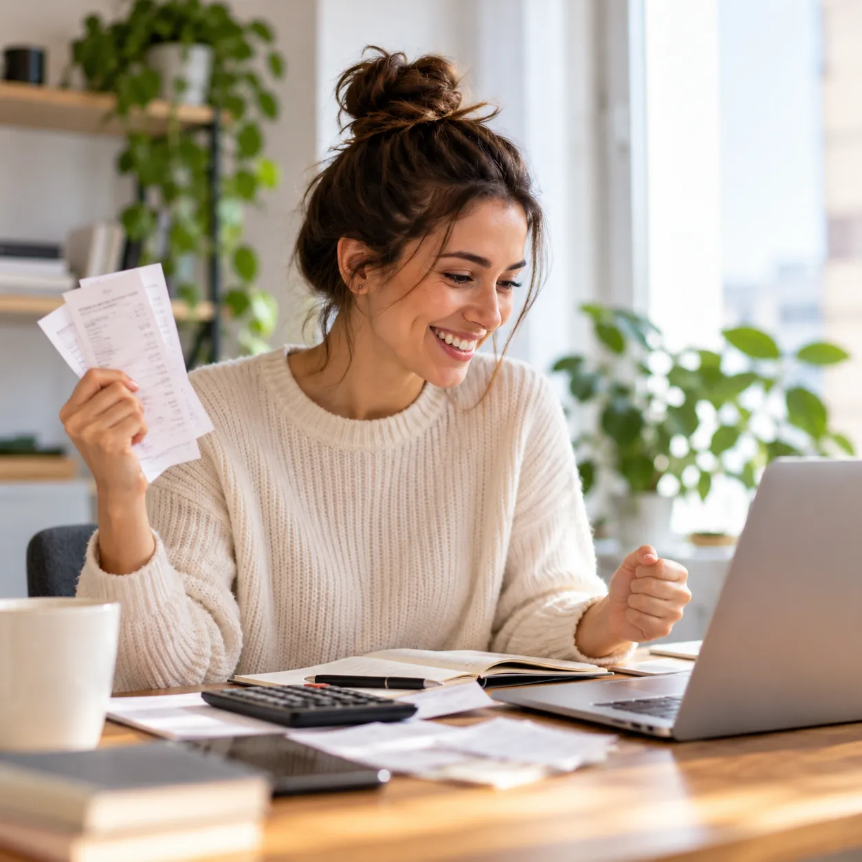 Smiling small business owner holding a stack of cash receipts while updating her records on a laptop