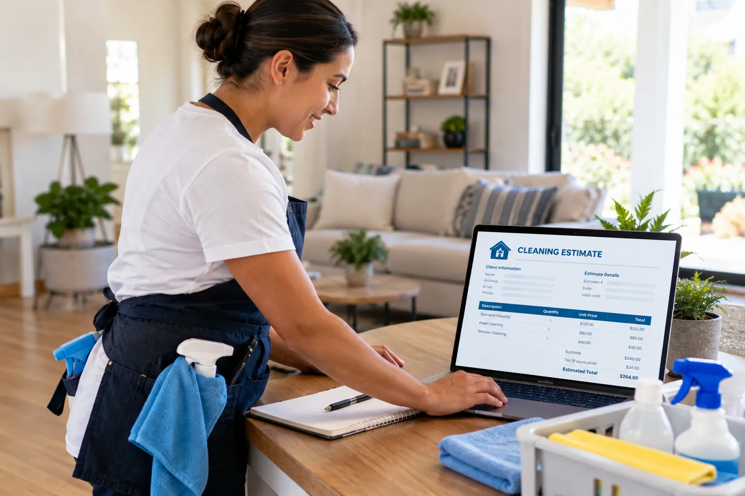 Cleaning professional preparing a cleaning estimate on a laptop in a client&rsquo;s living room