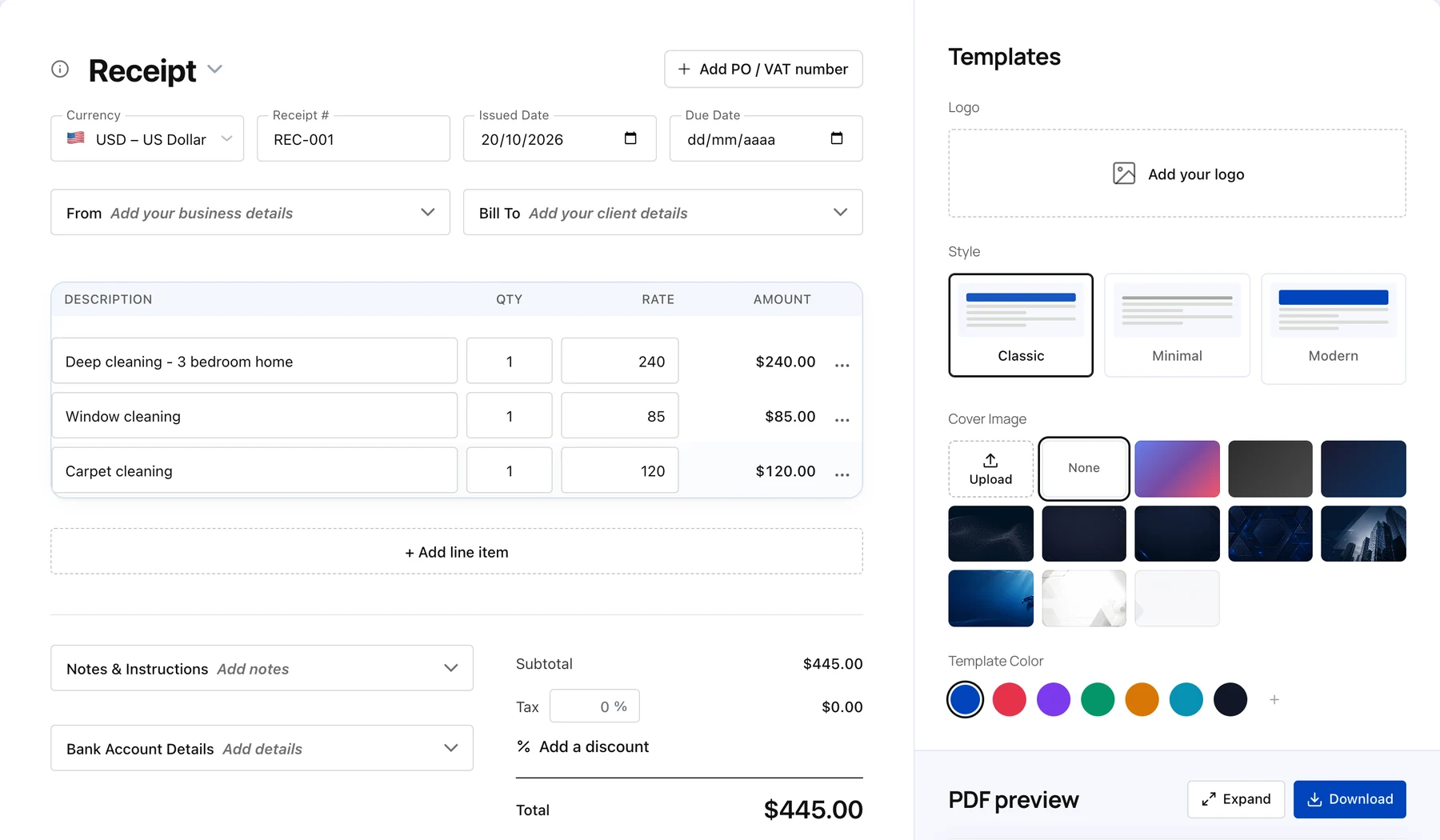 Invoice Fly free online receipt generator with deep cleaning, window cleaning and carpet cleaning line items, totals and template options
