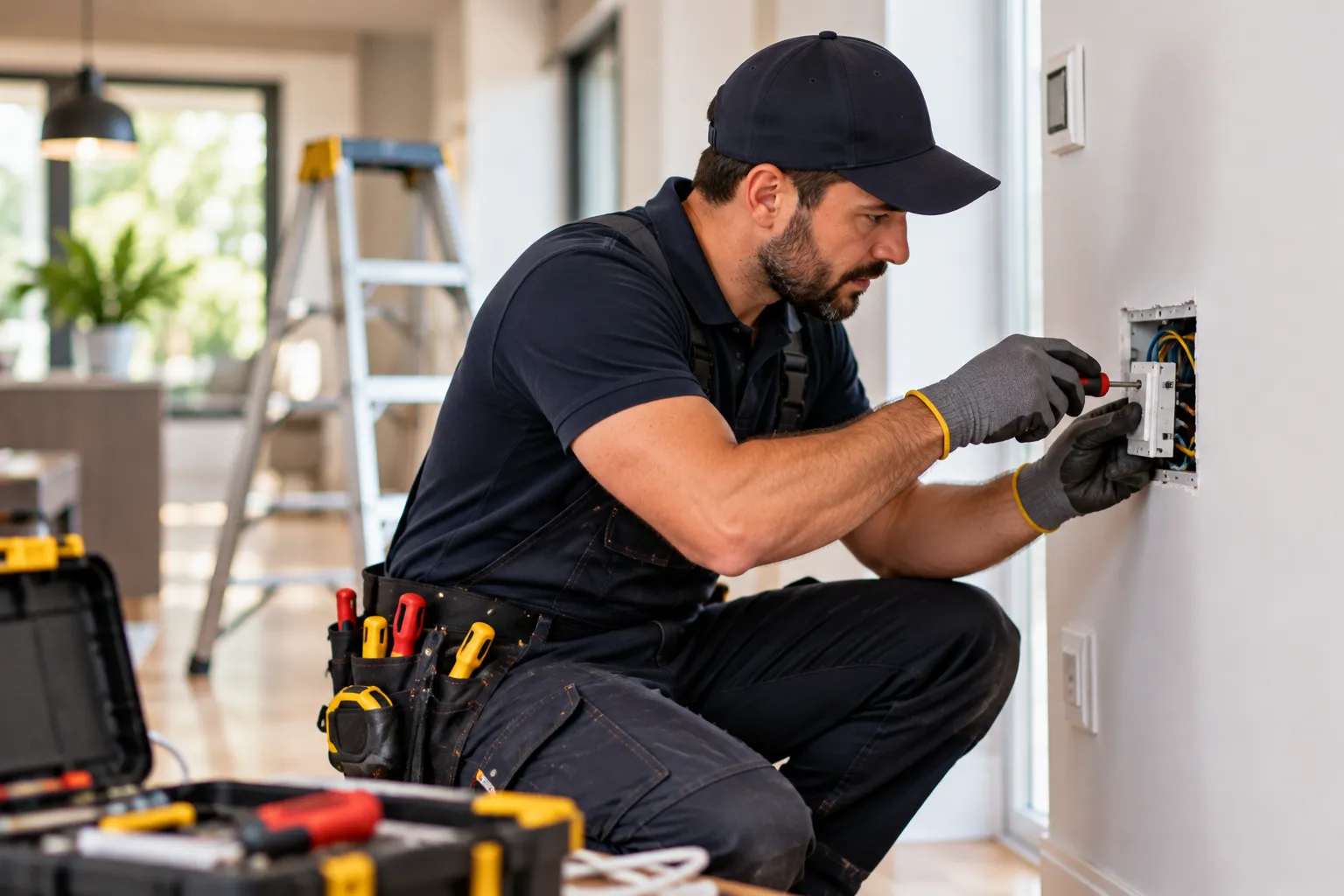 Electrician installing an outlet box during a residential electrical job