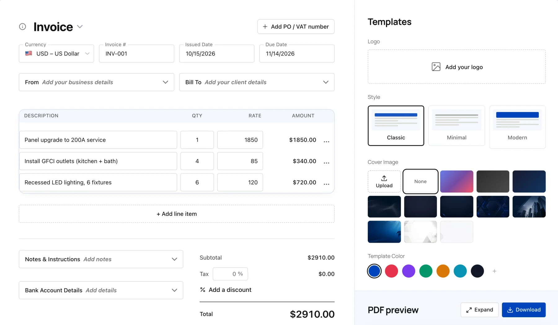 Invoice Fly free online invoice generator with electrical line items, totals and template options