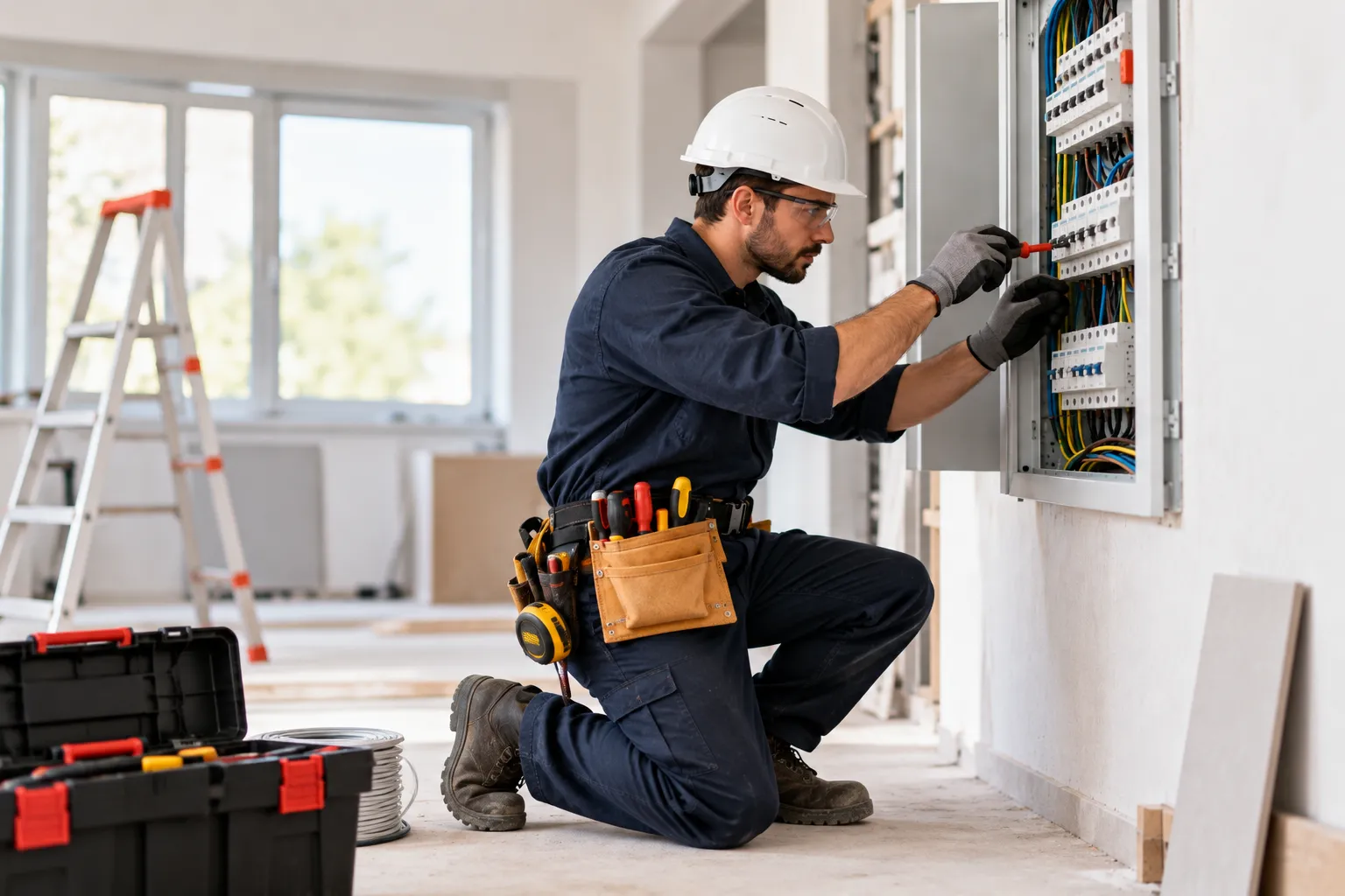 Electrician kneeling to work on wiring in an electrical switchboard