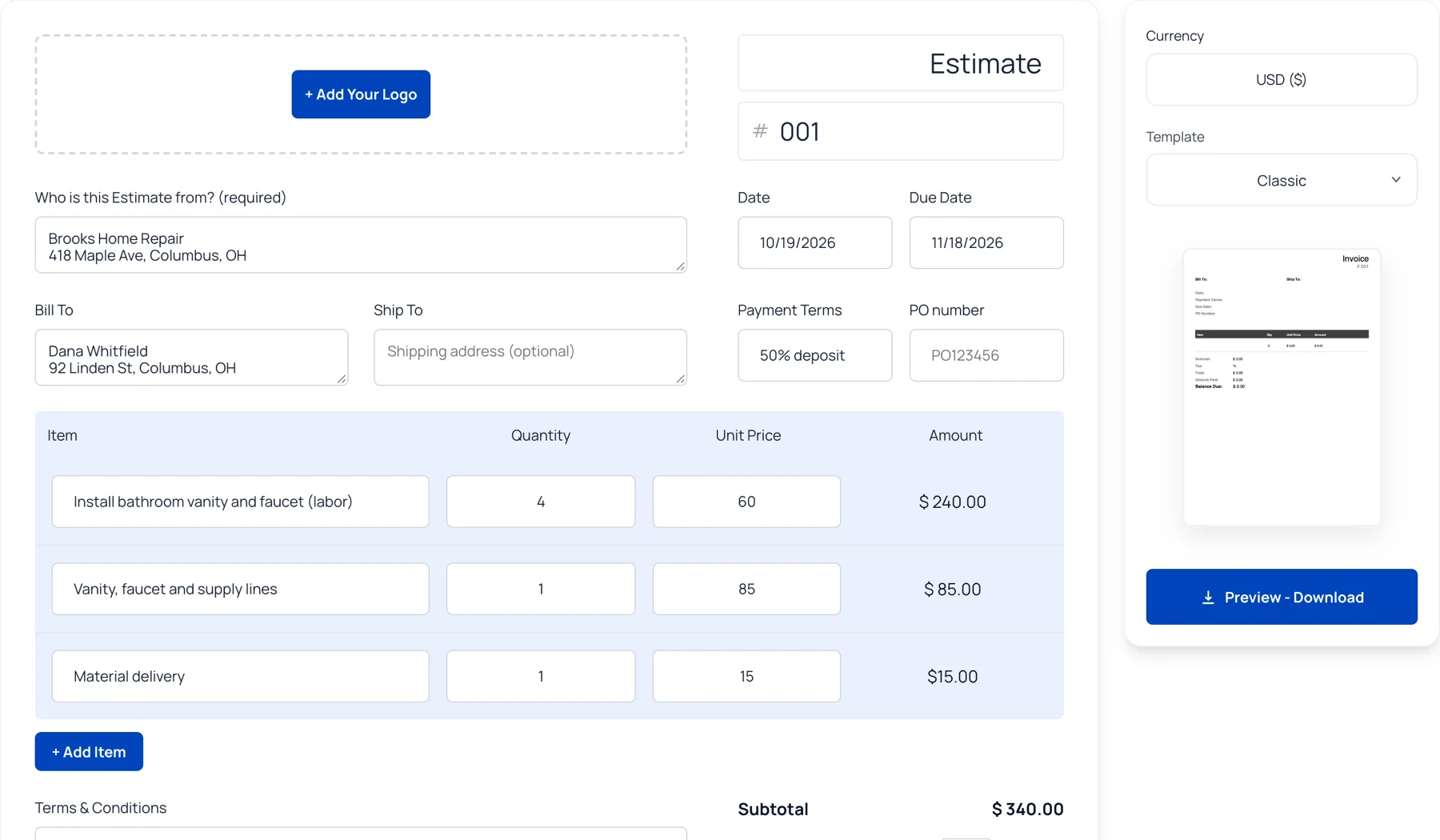 Invoice Fly free online estimate generator with handyman line items, totals and template options
