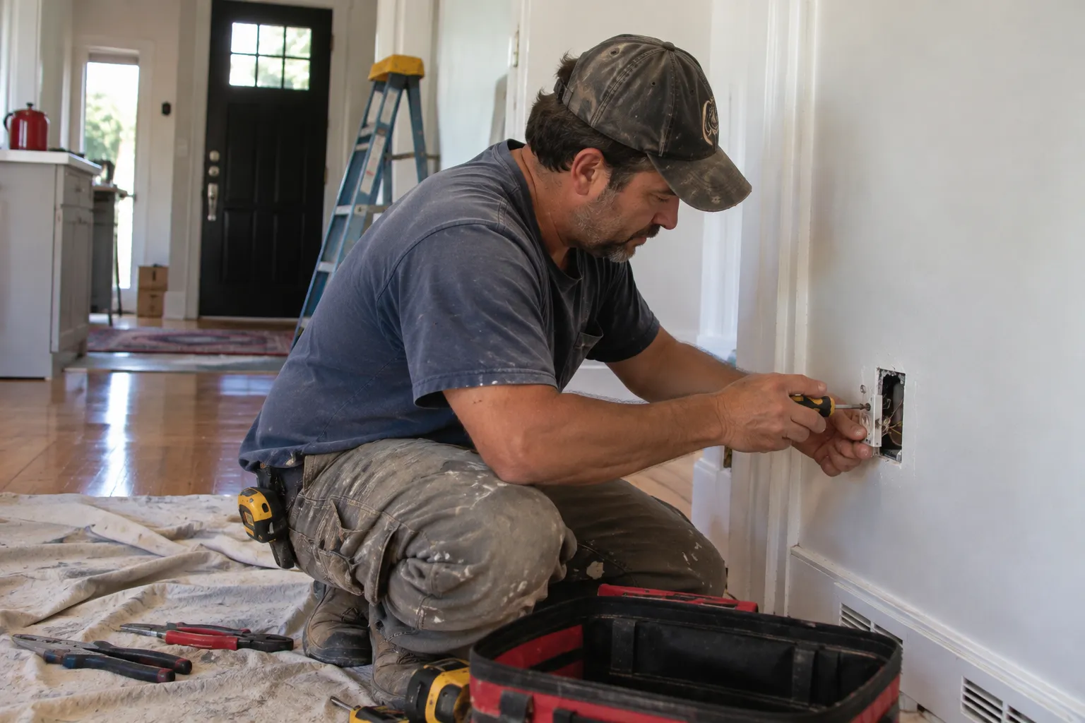 Handyman kneeling on a drop cloth while installing an electrical outlet in a home, with a tool bag and pliers beside him