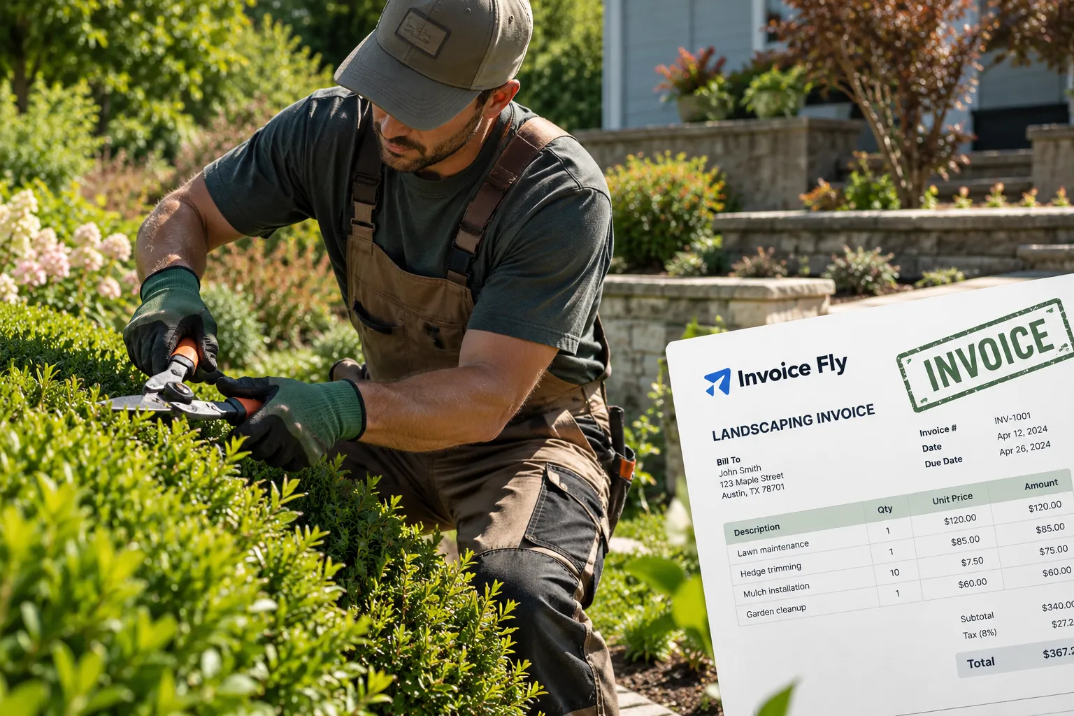 Landscaper in a cap and work overalls trimming a hedge with pruning shears next to an Invoice Fly landscaping invoice