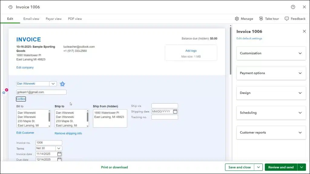 dashboard of quickbooks with invoice