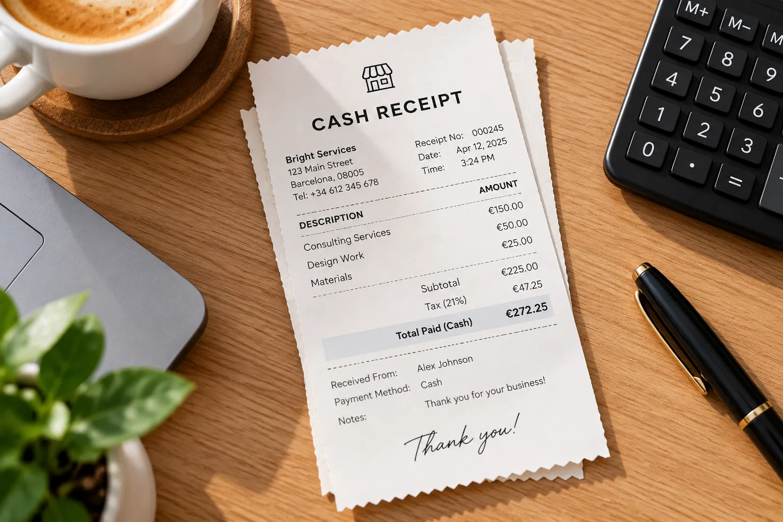 Printed cash receipt listing services, subtotal, tax and total paid in cash on a wooden desk next to a calculator, pen and coffee
