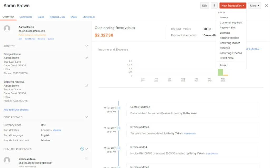 dashboard of zoho invoice platform
